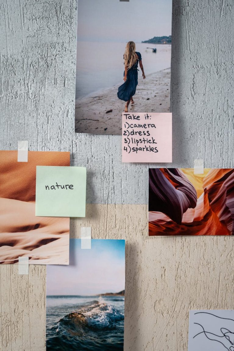 Collage of nature and travel photos with sticky notes for creative inspiration.