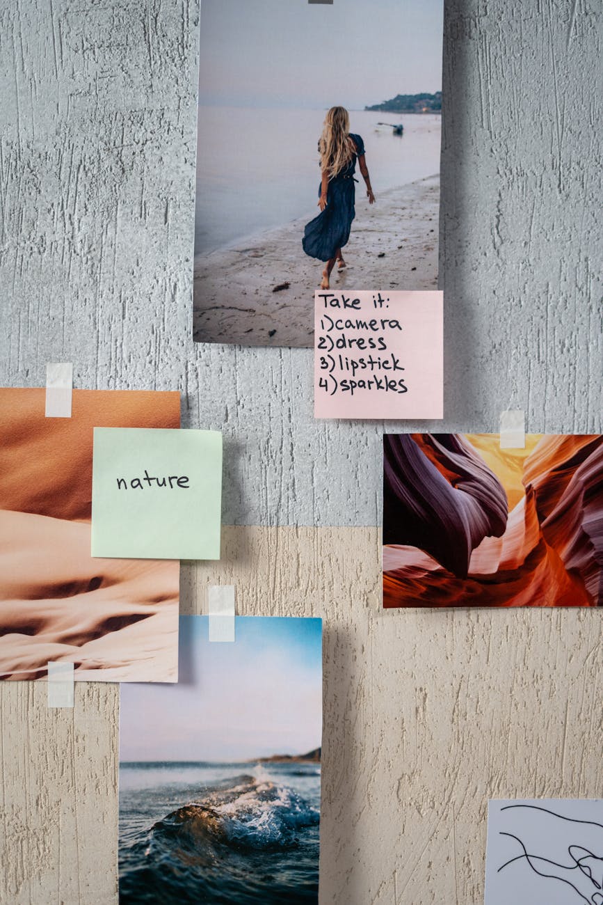 Collage of nature and travel photos with sticky notes for creative inspiration.