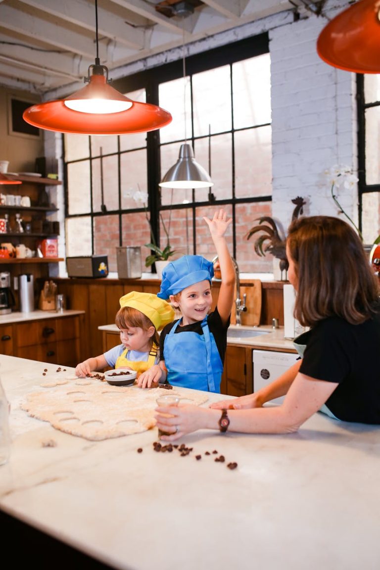 Kids enjoy a fun cookie baking session with their mom in a cozy kitchen.