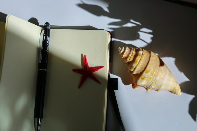 Warm-lit notebook with pen, starfish, and shell casting shadows, evoking travel and tranquility.