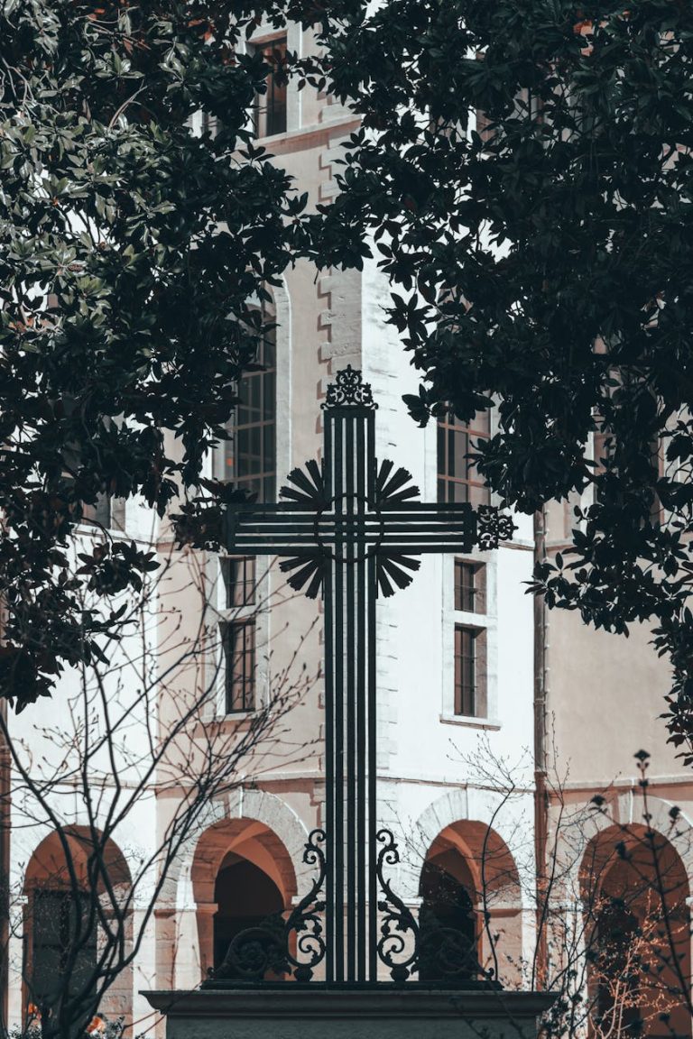 Capture of a Gothic cross in front of a historic church in Lyon, France, highlighting architectural artistry.