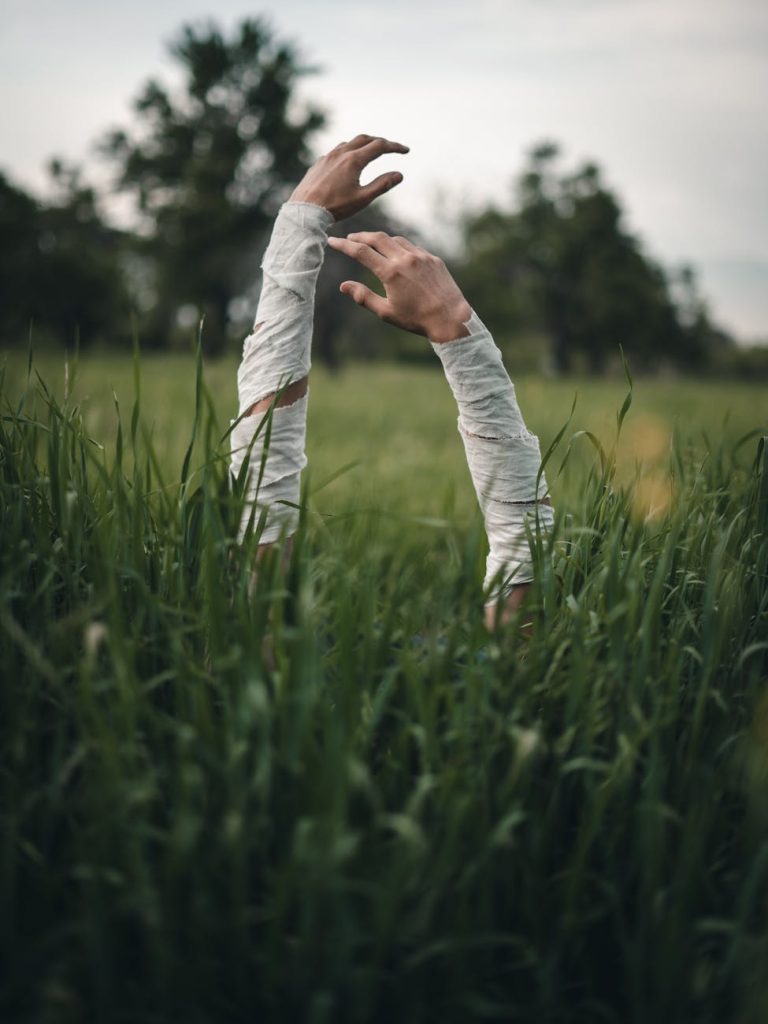 A surreal image of bandaged arms reaching through tall meadow grass, embodying mystery.