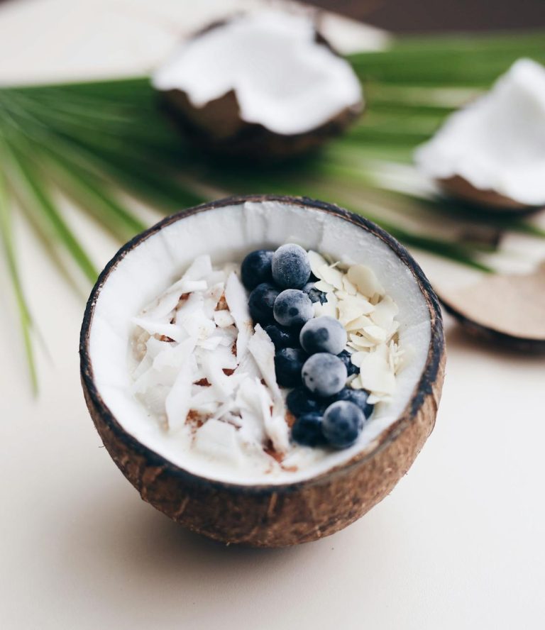 Coconut shell bowl filled with creamy yogurt, blueberries, and coconut shavings.