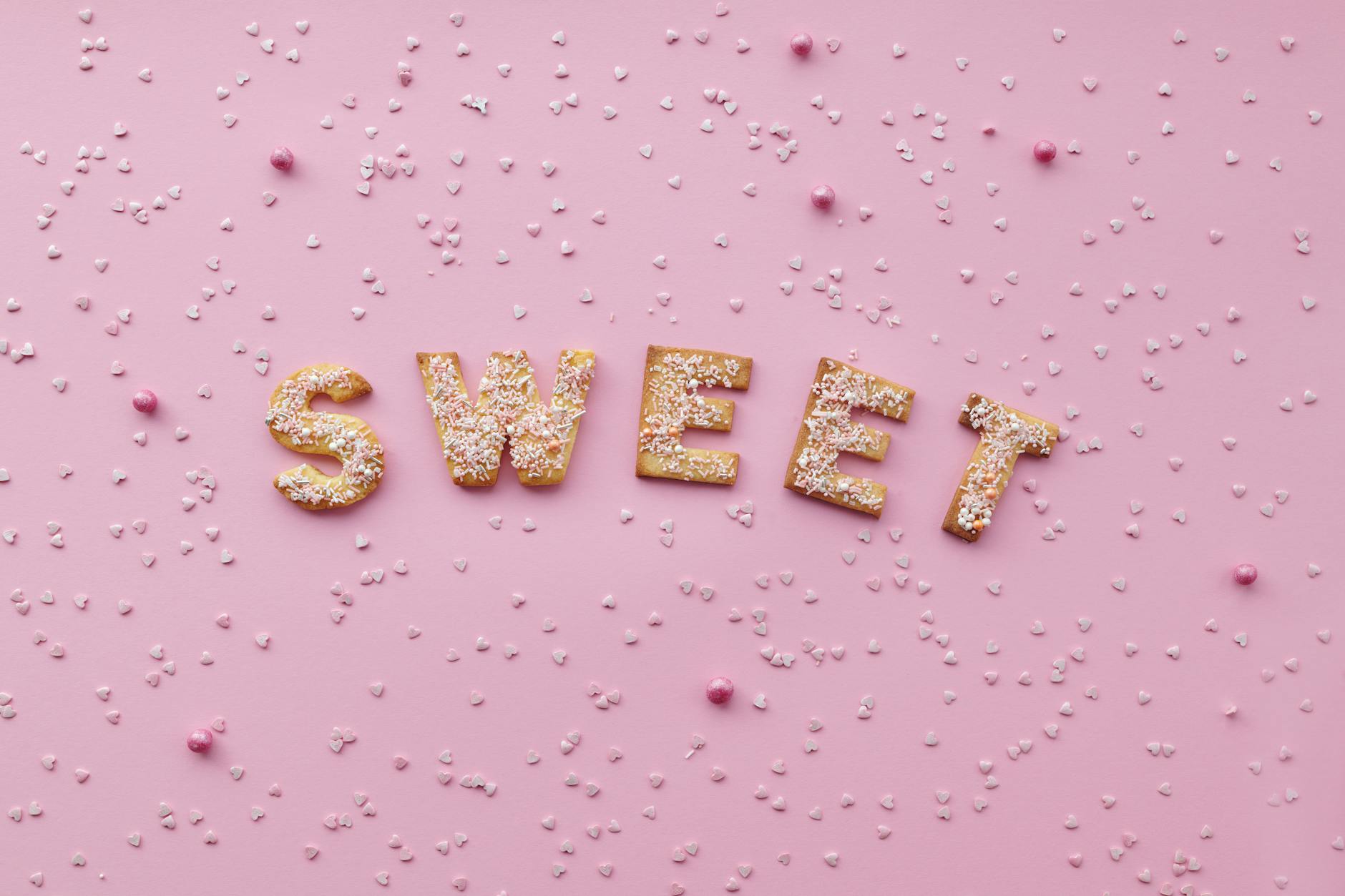Flat lay of sweet letter cookies on a pink background with sprinkles.