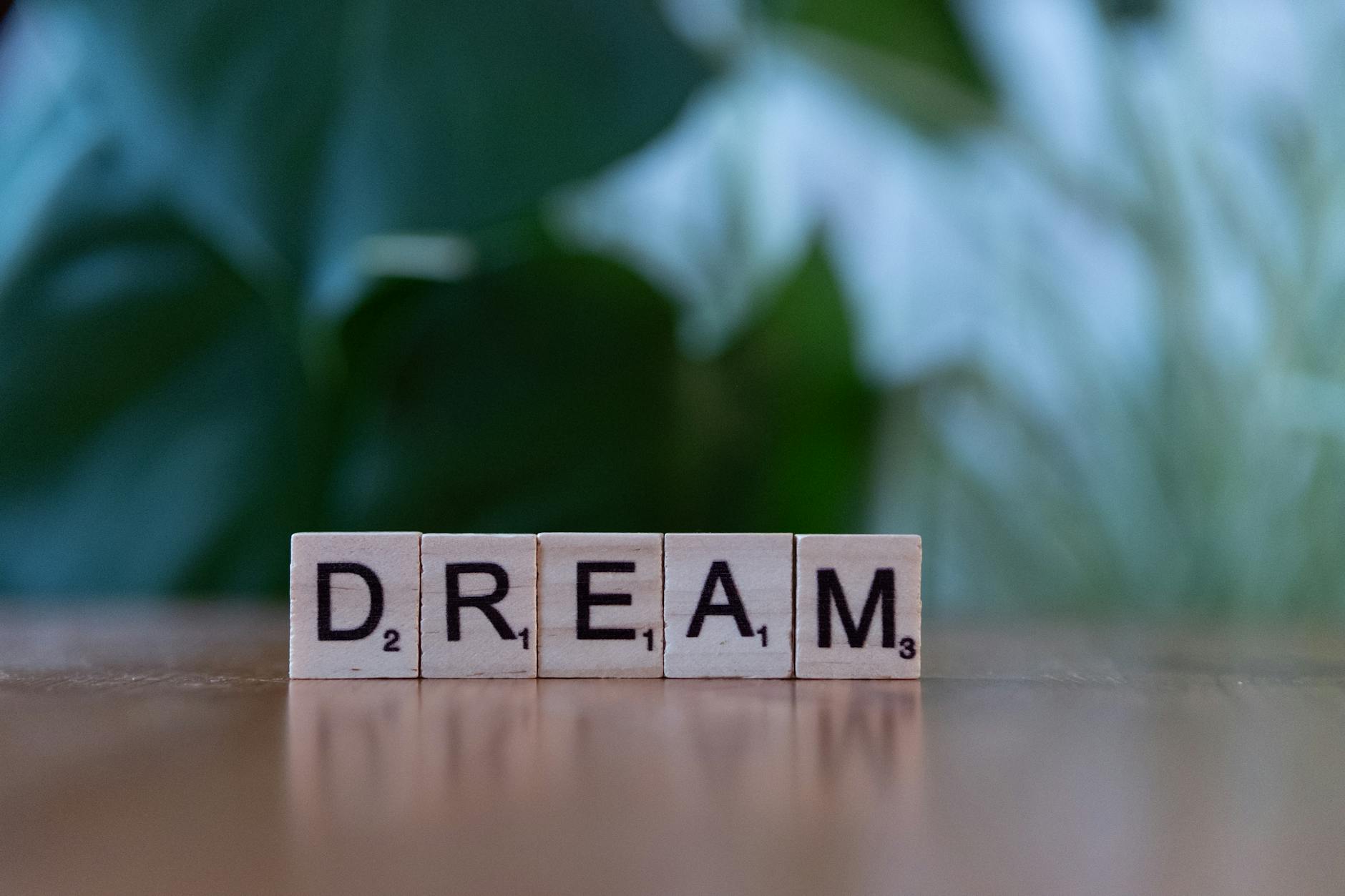 Wooden blocks spell 'Dream' on a table with a blurred green background.