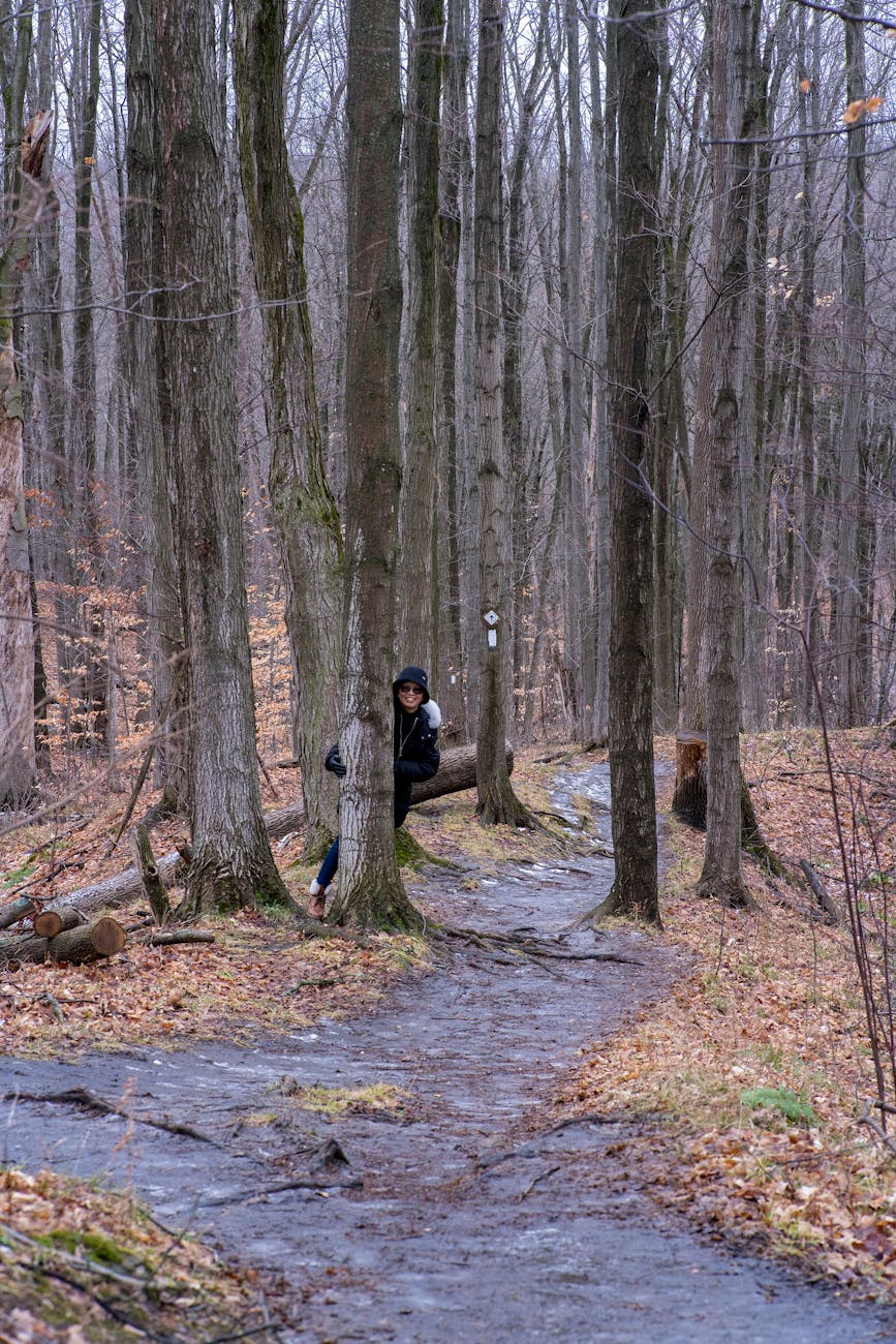A woman playfully peeks from behind a tree on a forest path in the autumn woods.