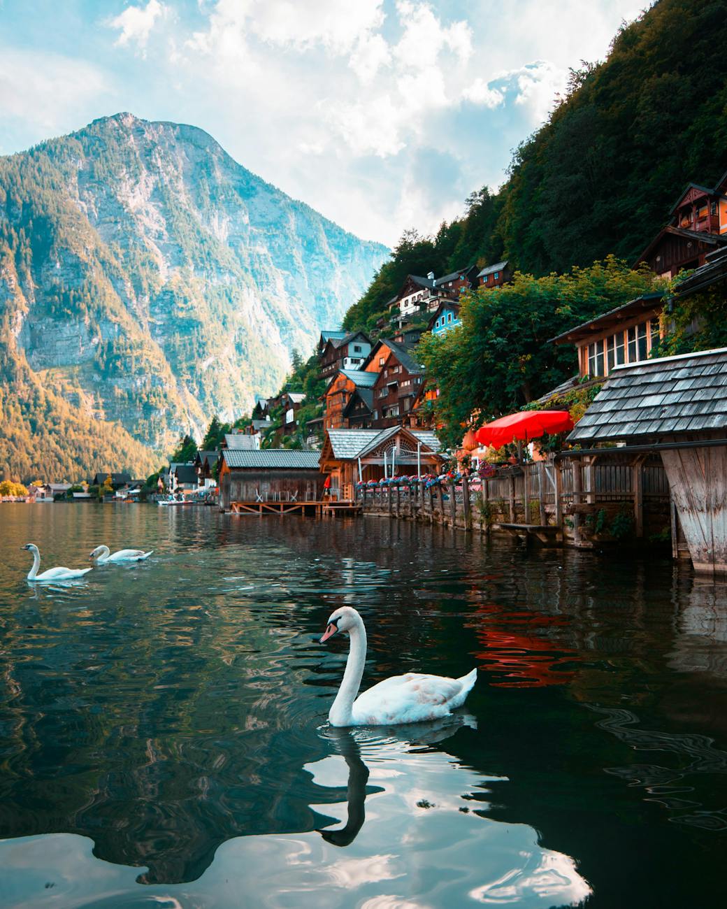 Tranquil lakeside view in Hallstatt with swans, mountains, and picturesque houses under a bright sky.