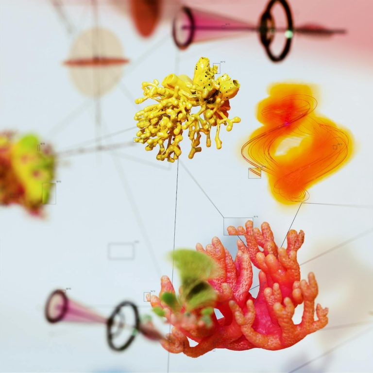 Colorful abstract representation of biotechnology using AI elements and close-up details.