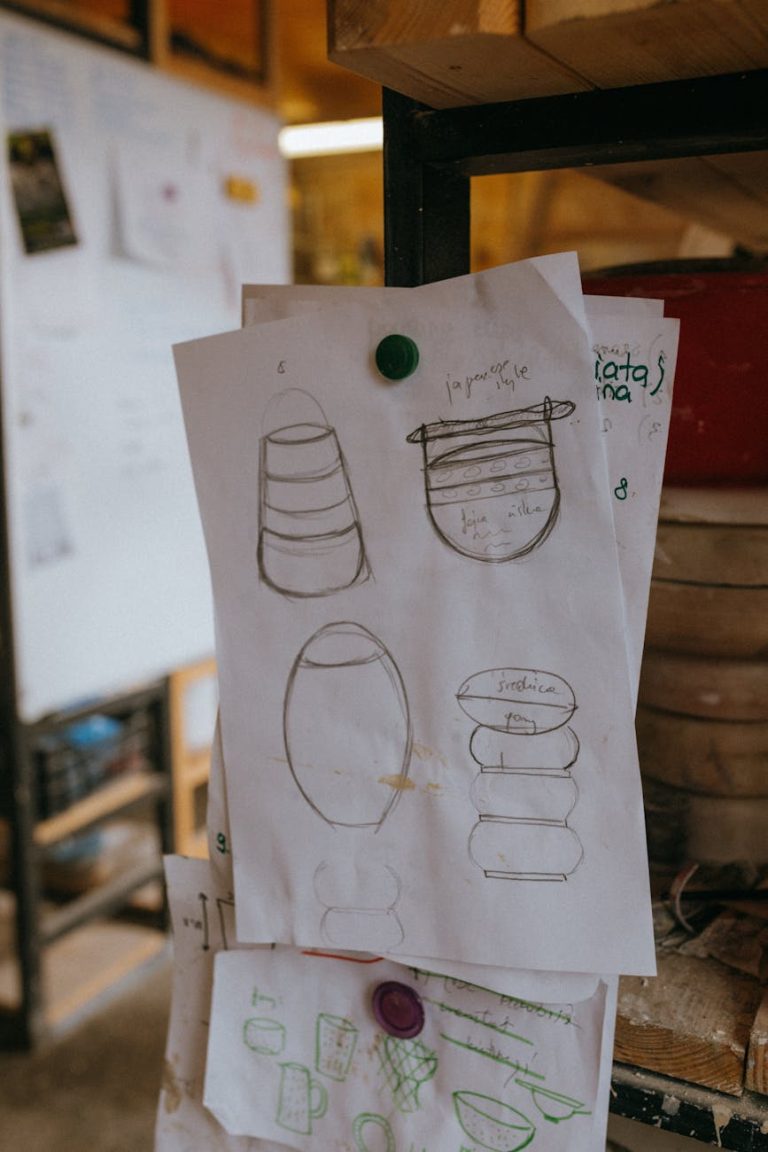 Pottery design sketches pinned in a craft studio, highlighting the creative process in ceramics.