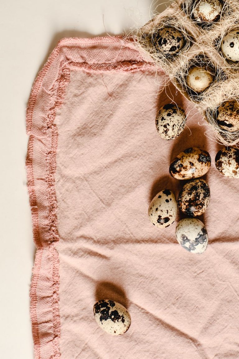 Top view of quail eggs on a pink cloth beside a rustic nest, featuring a soft and neutral tone.