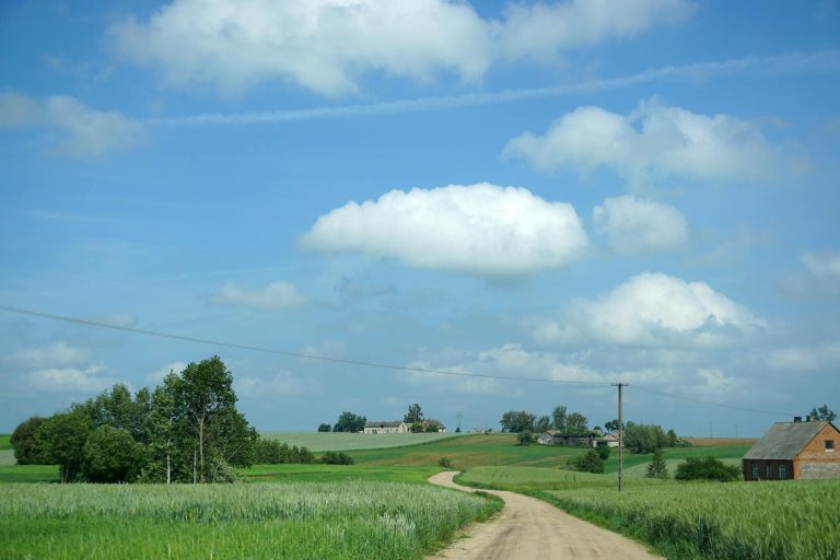 Beautiful rural landscape with fields and clouds in Górzno, Poland.