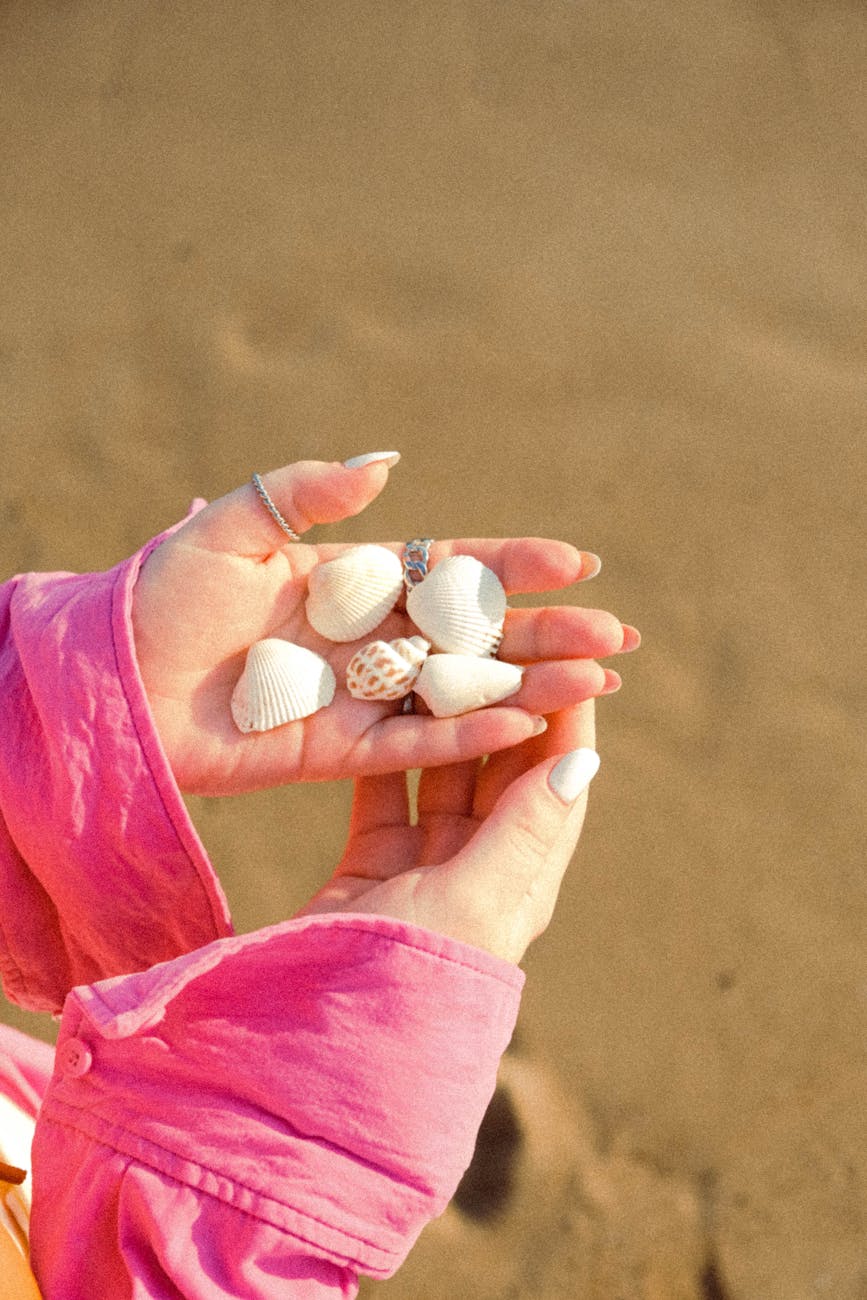 A person's hands holding seashells on a sunny beach in Side, Antalya, Turkey.