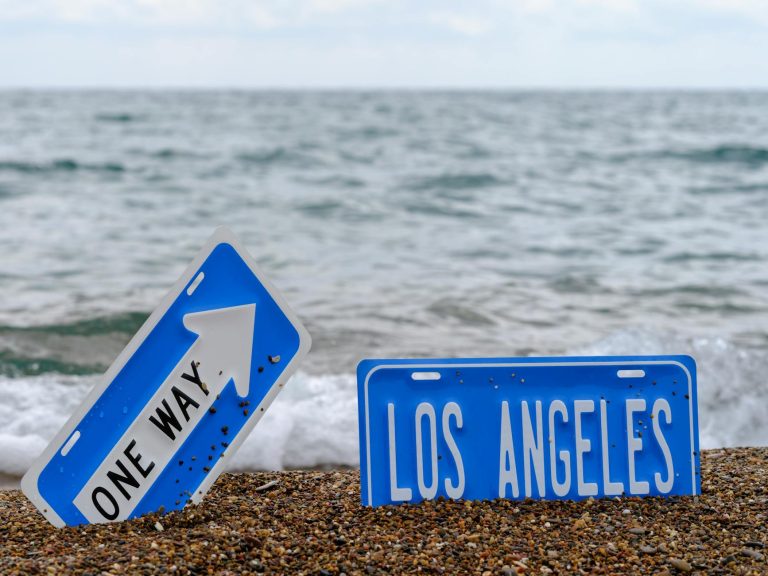 Ocean view with Los Angeles and one way signs placed on a sandy beach.