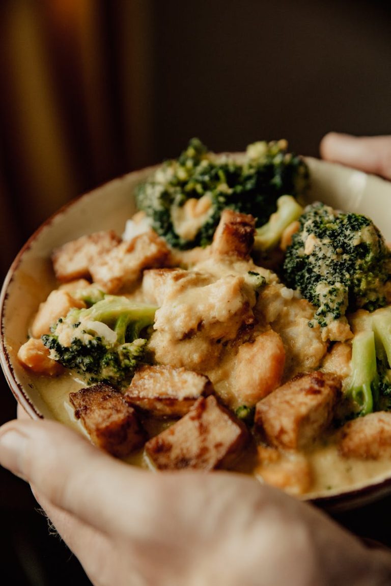 A close-up of a savory vegan broccoli and tofu dish, perfect for healthy eating.