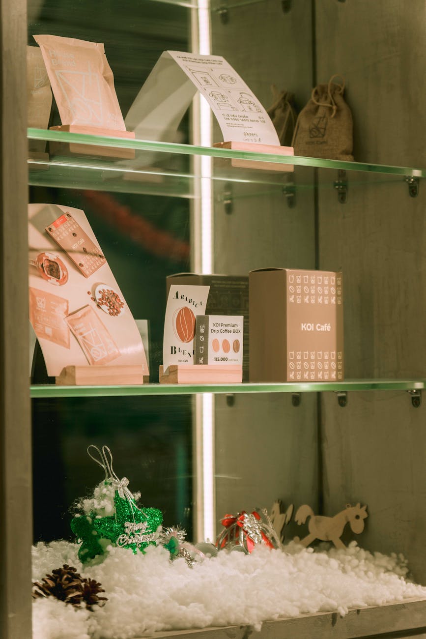 Elegant coffee product display at a cafe in Ho Chi Minh City, Vietnam.